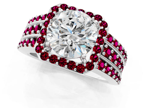 White gold Round Cut Halo Diamond Ring with Round with Garnet side stone Split Shank and Prong Setting_13
