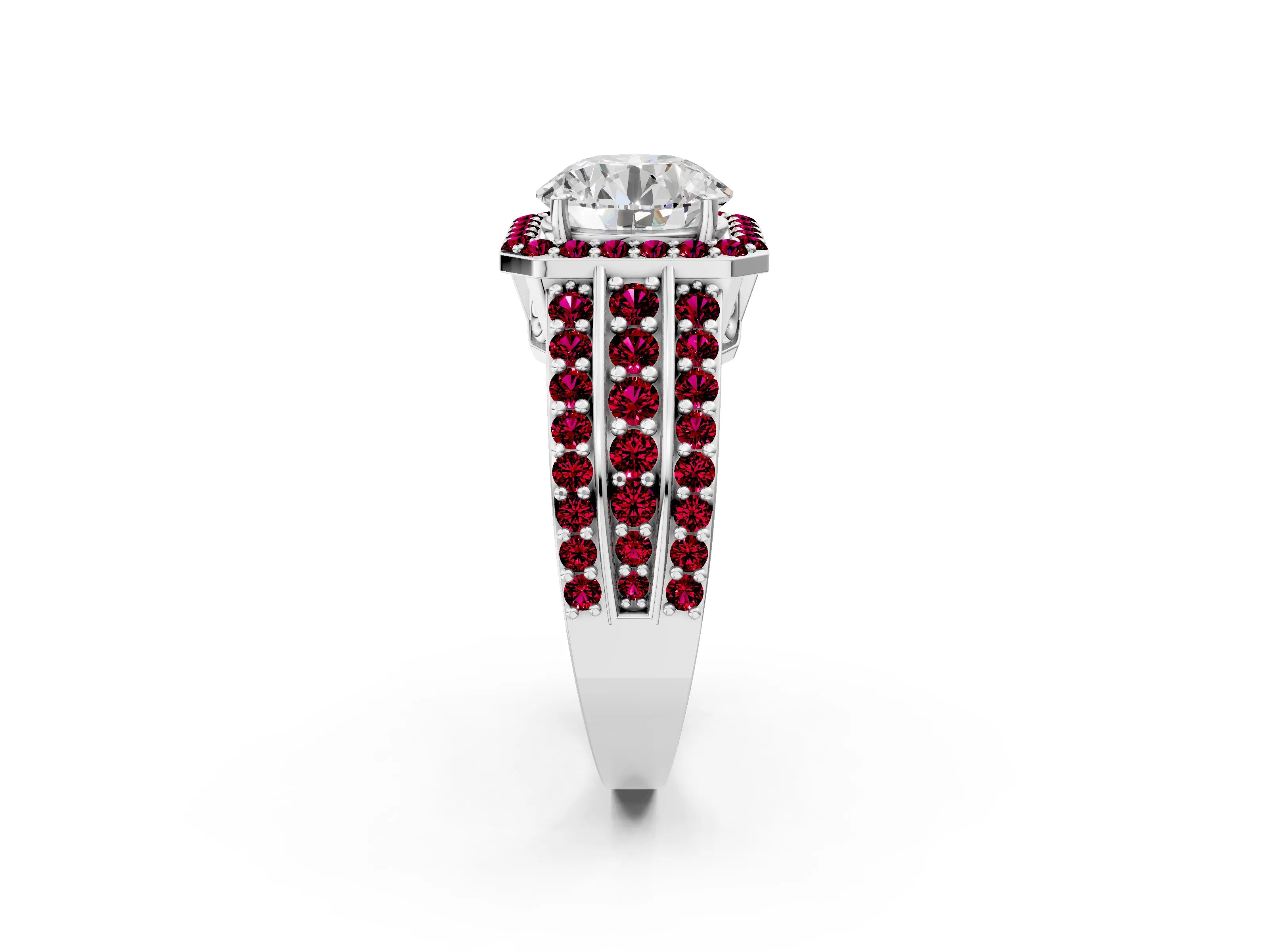 White gold Round Cut Halo Diamond Ring with Round with Garnet side stone Split Shank and Prong Setting_14