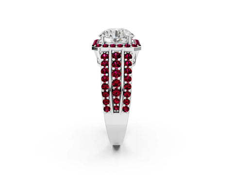 White gold Round Cut Halo Diamond Ring with Round with Garnet side stone Split Shank and Prong Setting_14