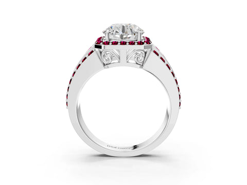 White gold Round Cut Halo Diamond Ring with Round with Garnet side stone Split Shank and Prong Setting_15