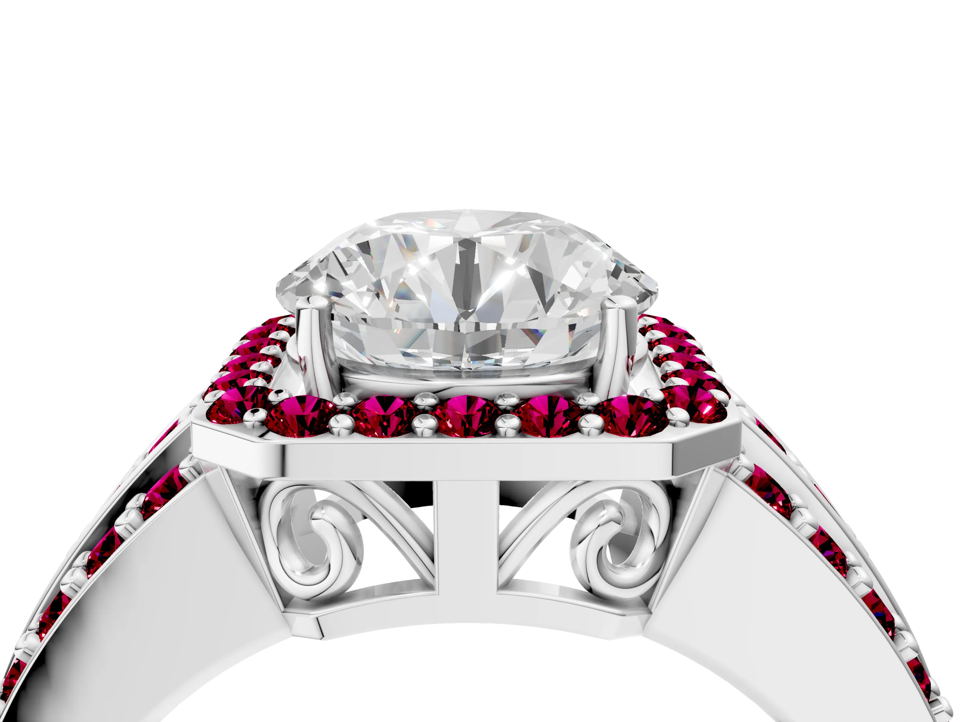 White gold Round Cut Halo Diamond Ring with Round with Garnet side stone Split Shank and Prong Setting_16