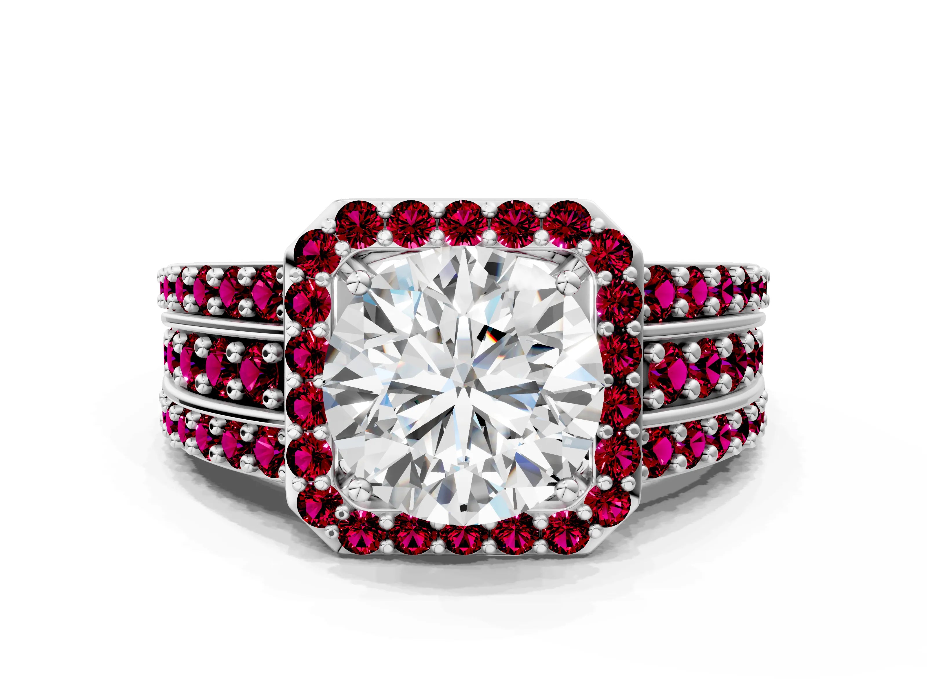 White gold Round Cut Halo Diamond Ring with Round with Garnet side stone Split Shank and Prong Setting_24