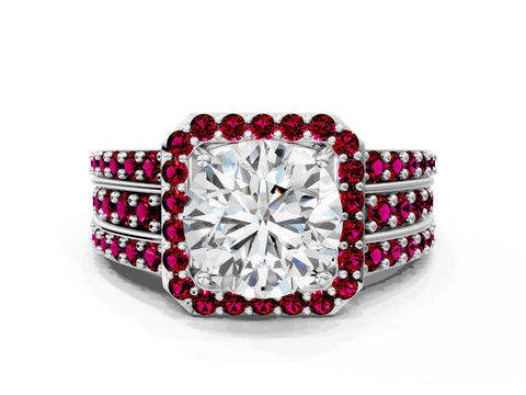 White gold Round Cut Halo Diamond Ring with Round with Garnet side stone Split Shank and Prong Setting_24