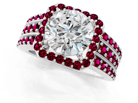 White gold Round Cut Halo Diamond Ring with Round with Garnet side stone Split Shank and Prong Setting_25