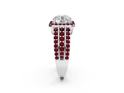 White gold Round Cut Halo Diamond Ring with Round with Garnet side stone Split Shank and Prong Setting_26