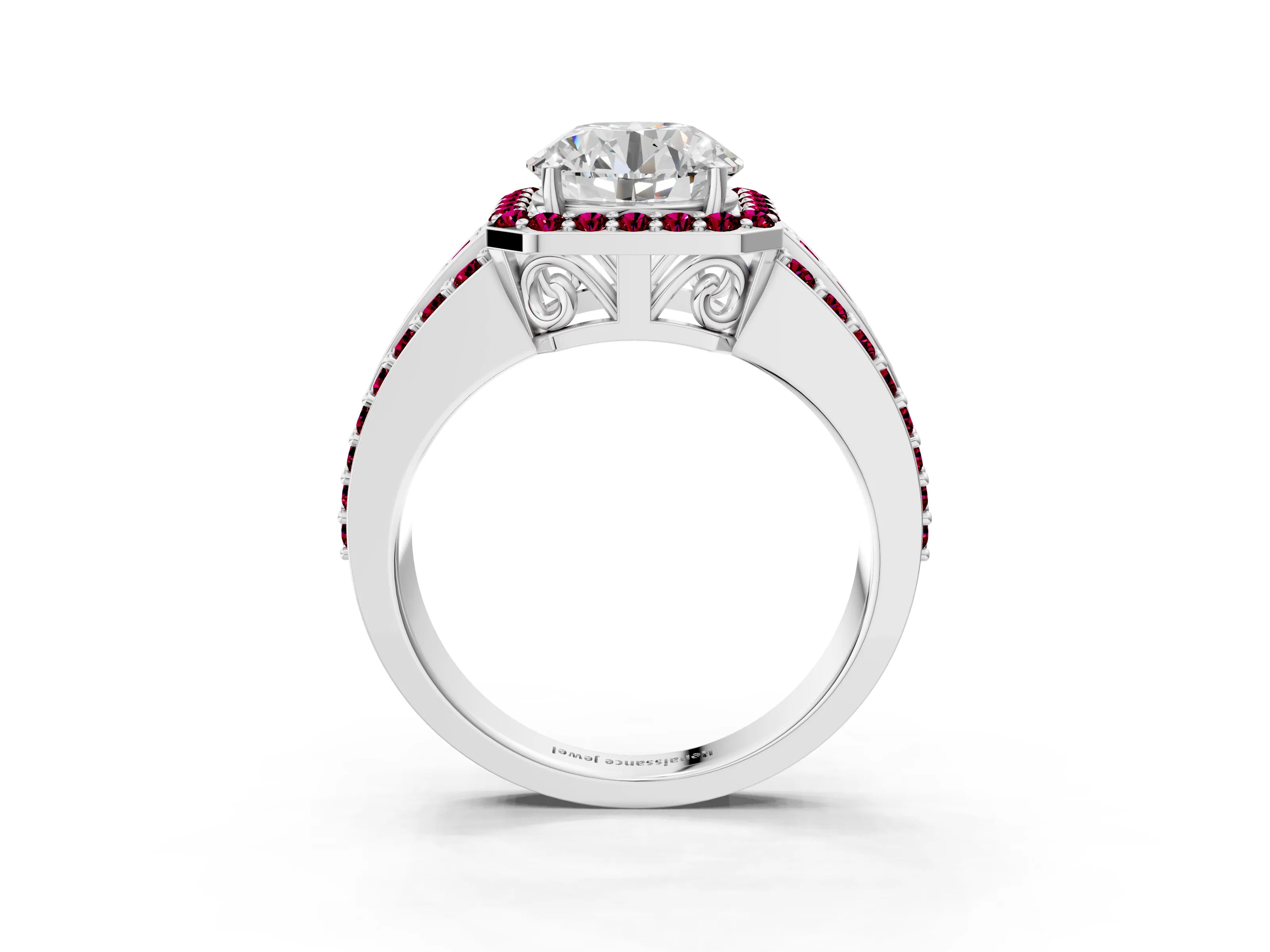 White gold Round Cut Halo Diamond Ring with Round with Garnet side stone Split Shank and Prong Setting_27
