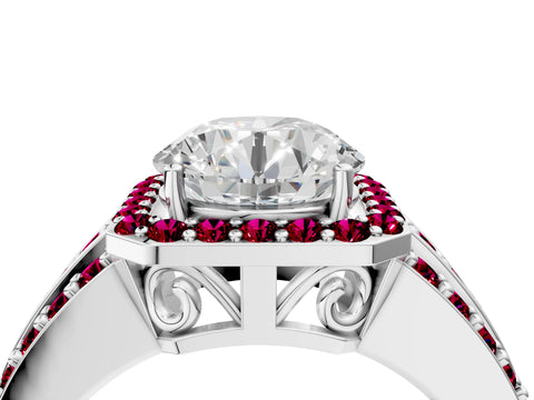 White gold Round Cut Halo Diamond Ring with Round with Garnet side stone Split Shank and Prong Setting_28