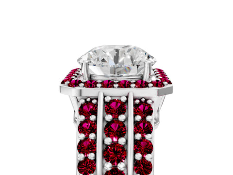 White gold Round Cut Halo Diamond Ring with Round with Garnet side stone Split Shank and Prong Setting_29
