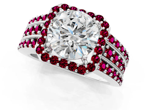 White gold Round Cut Halo Diamond Ring with Round with Garnet side stone Split Shank and Prong Setting_325