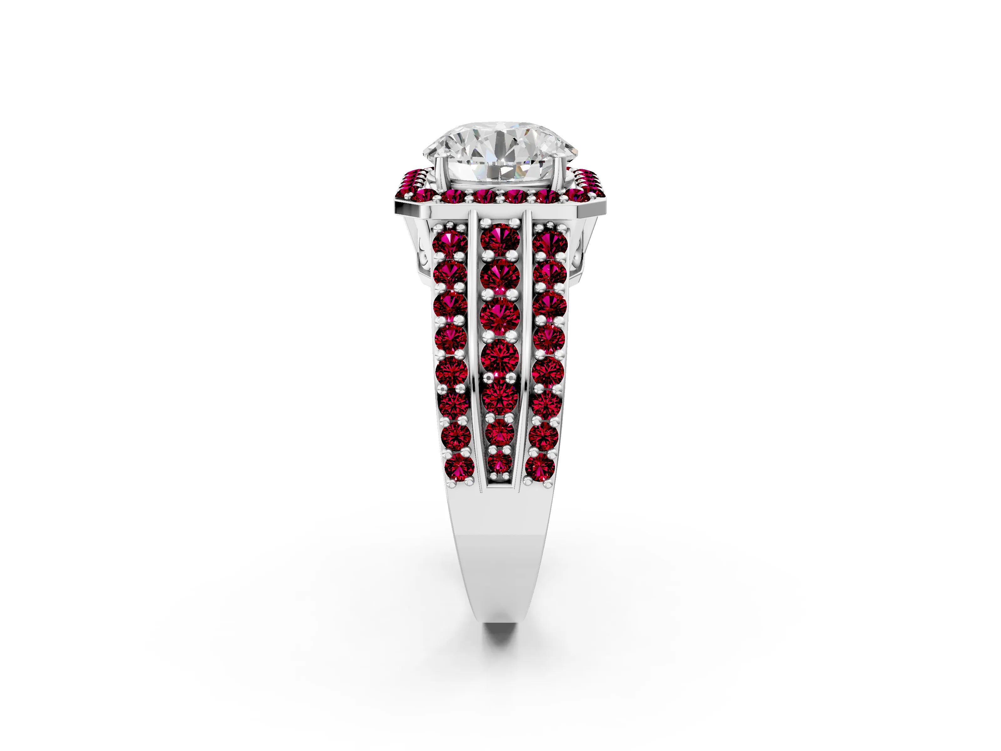 White gold Round Cut Halo Diamond Ring with Round with Garnet side stone Split Shank and Prong Setting_326