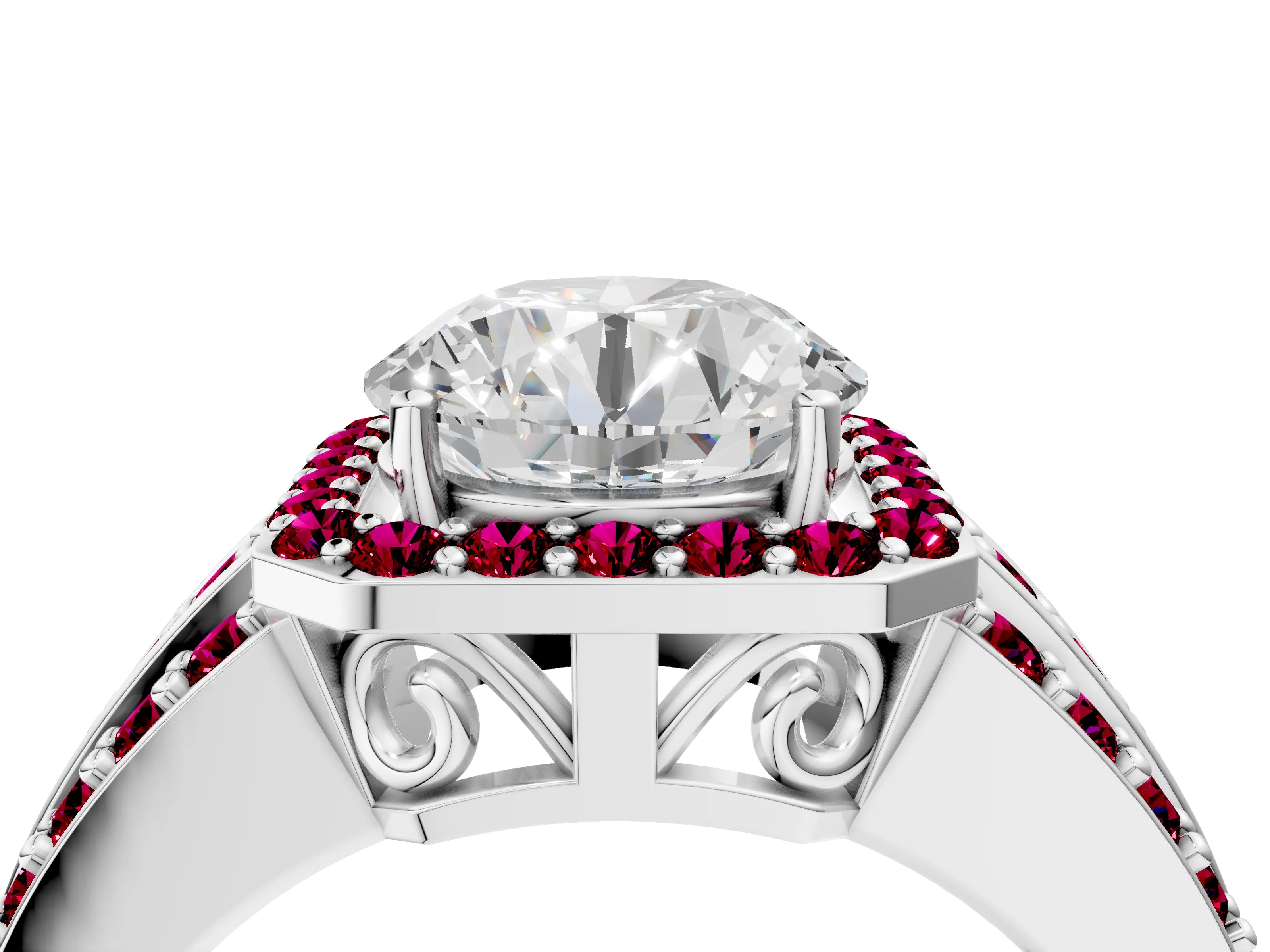 White gold Round Cut Halo Diamond Ring with Round with Garnet side stone Split Shank and Prong Setting_328