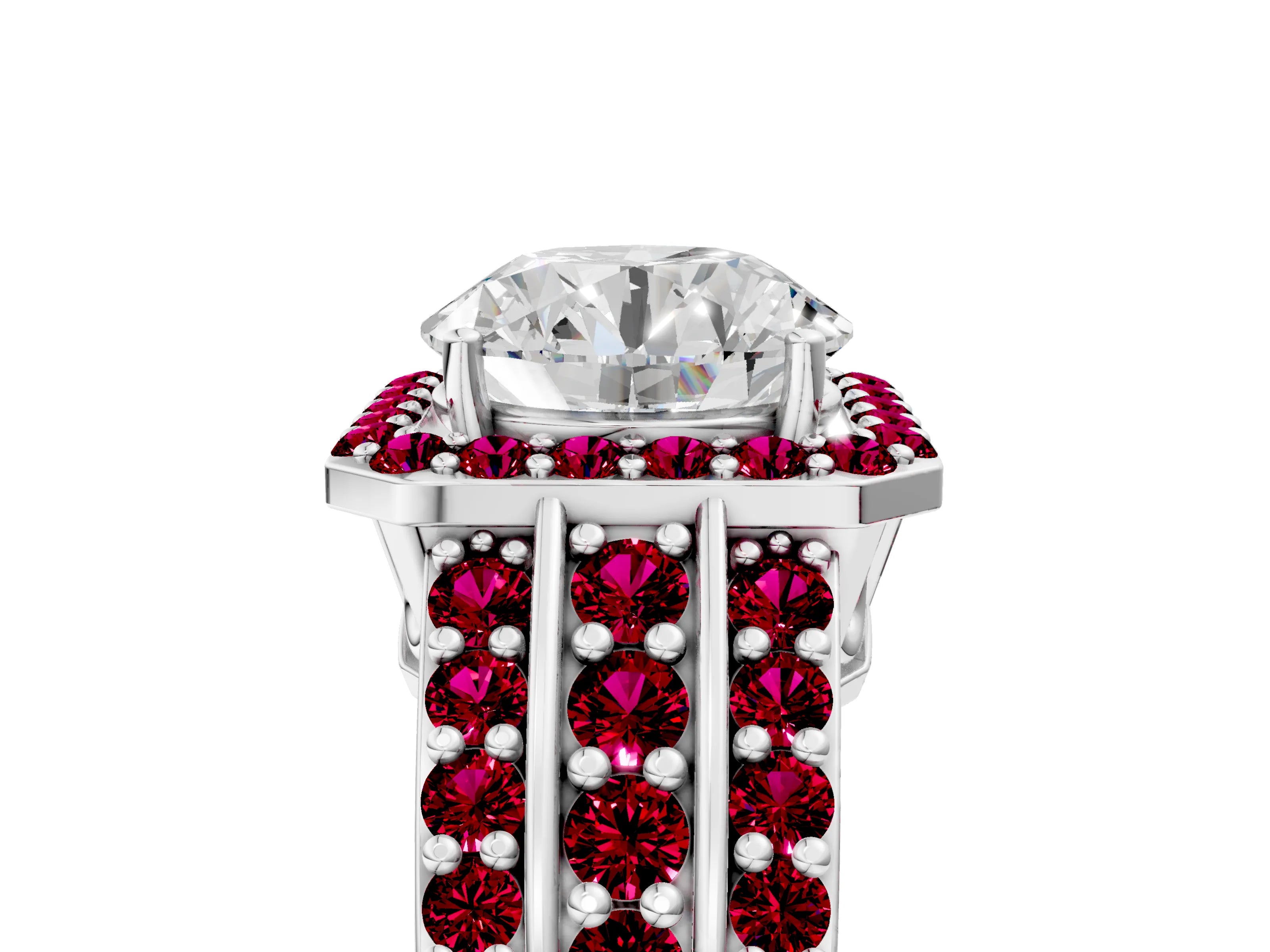 White gold Round Cut Halo Diamond Ring with Round with Garnet side stone Split Shank and Prong Setting_329