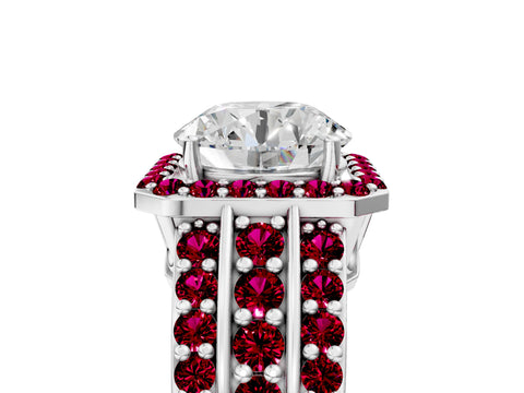 White gold Round Cut Halo Diamond Ring with Round with Garnet side stone Split Shank and Prong Setting_329
