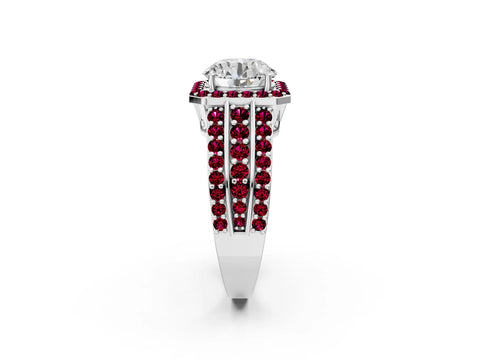 White gold Round Cut Halo Diamond Ring with Round with Garnet side stone Split Shank and Prong Setting_332