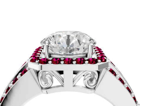 White gold Round Cut Halo Diamond Ring with Round with Garnet side stone Split Shank and Prong Setting_334