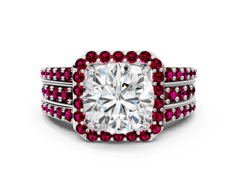 White gold Round Cut Halo Diamond Ring with Round with Garnet side stone Split Shank and Prong Setting_336