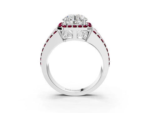White gold Round Cut Halo Diamond Ring with Round with Garnet side stone Split Shank and Prong Setting_339