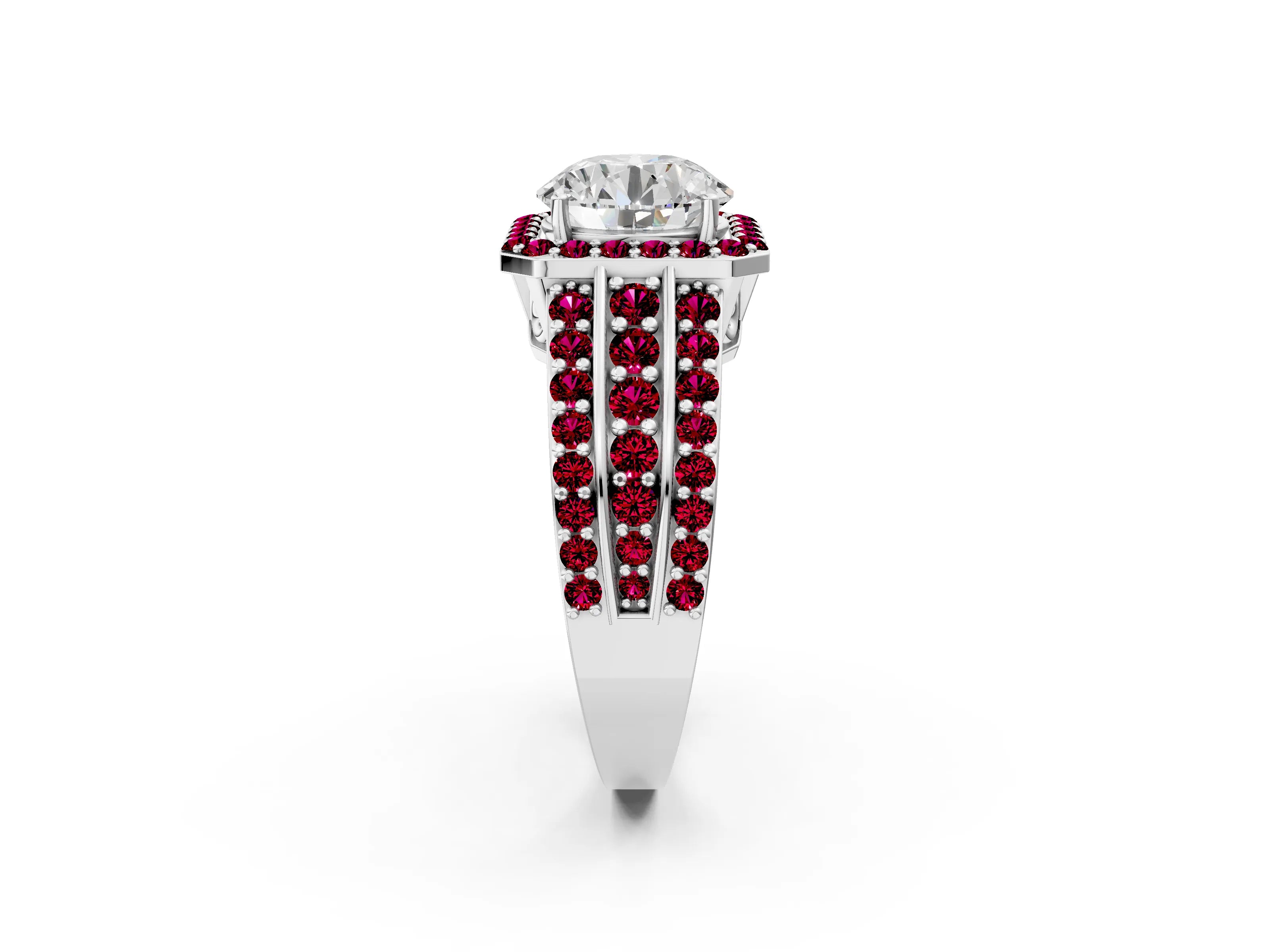 White gold Round Cut Halo Diamond Ring with Round with Garnet side stone Split Shank and Prong Setting_98