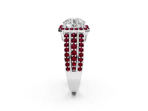 White gold Round Cut Halo Diamond Ring with Round with Garnet side stone Split Shank and Prong Setting_98