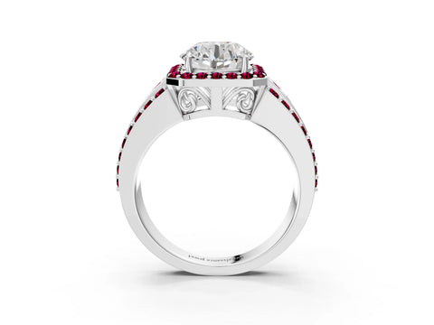 White gold Round Cut Halo Diamond Ring with Round with Garnet side stone Split Shank and Prong Setting_99