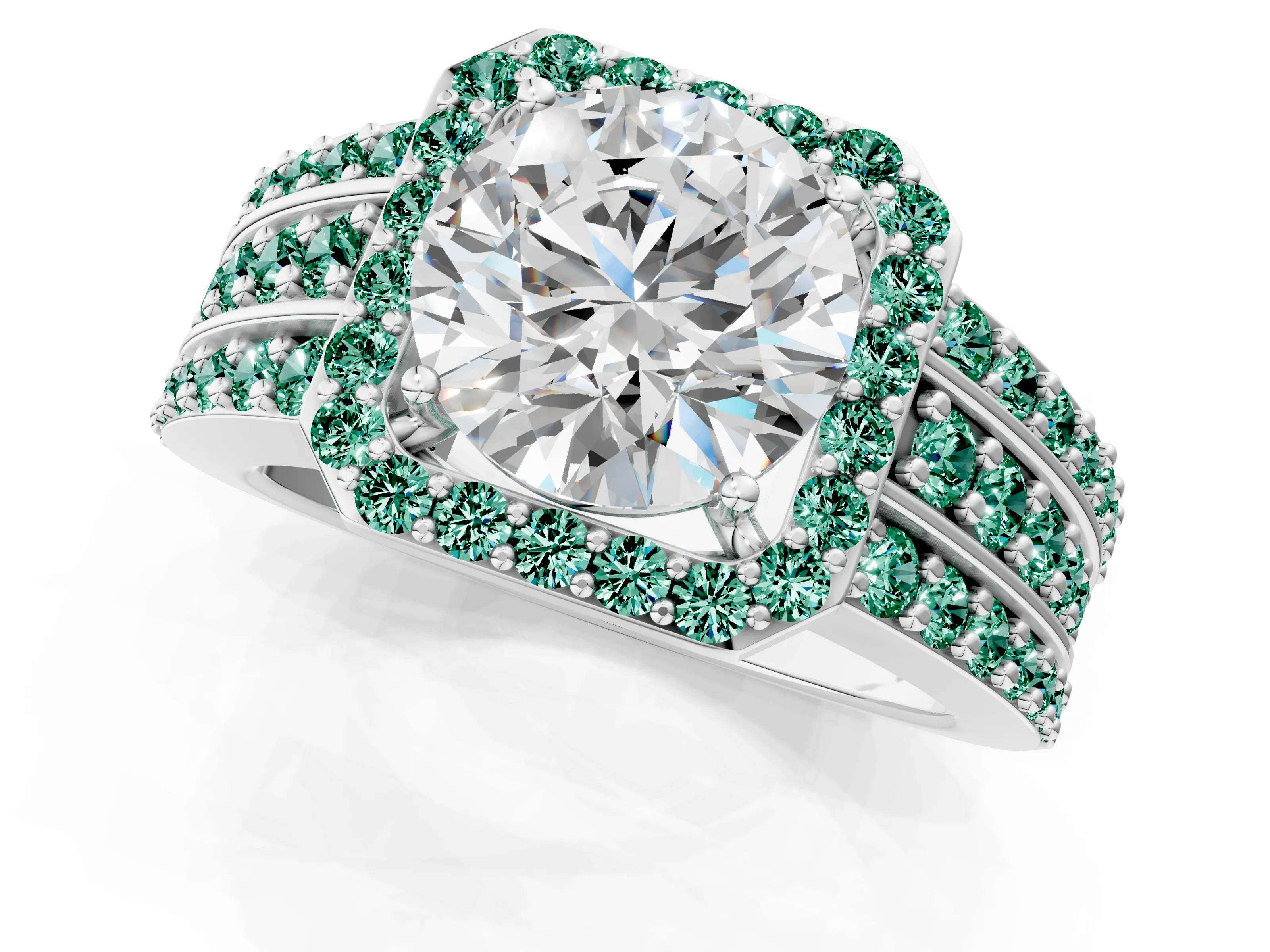 White gold Round Cut Halo Diamond Ring with Round with Green Sapphire side stone Split Shank and Prong Setting_13