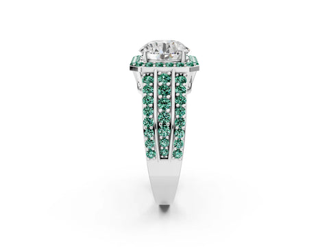 White gold Round Cut Halo Diamond Ring with Round with Green Sapphire side stone Split Shank and Prong Setting_14