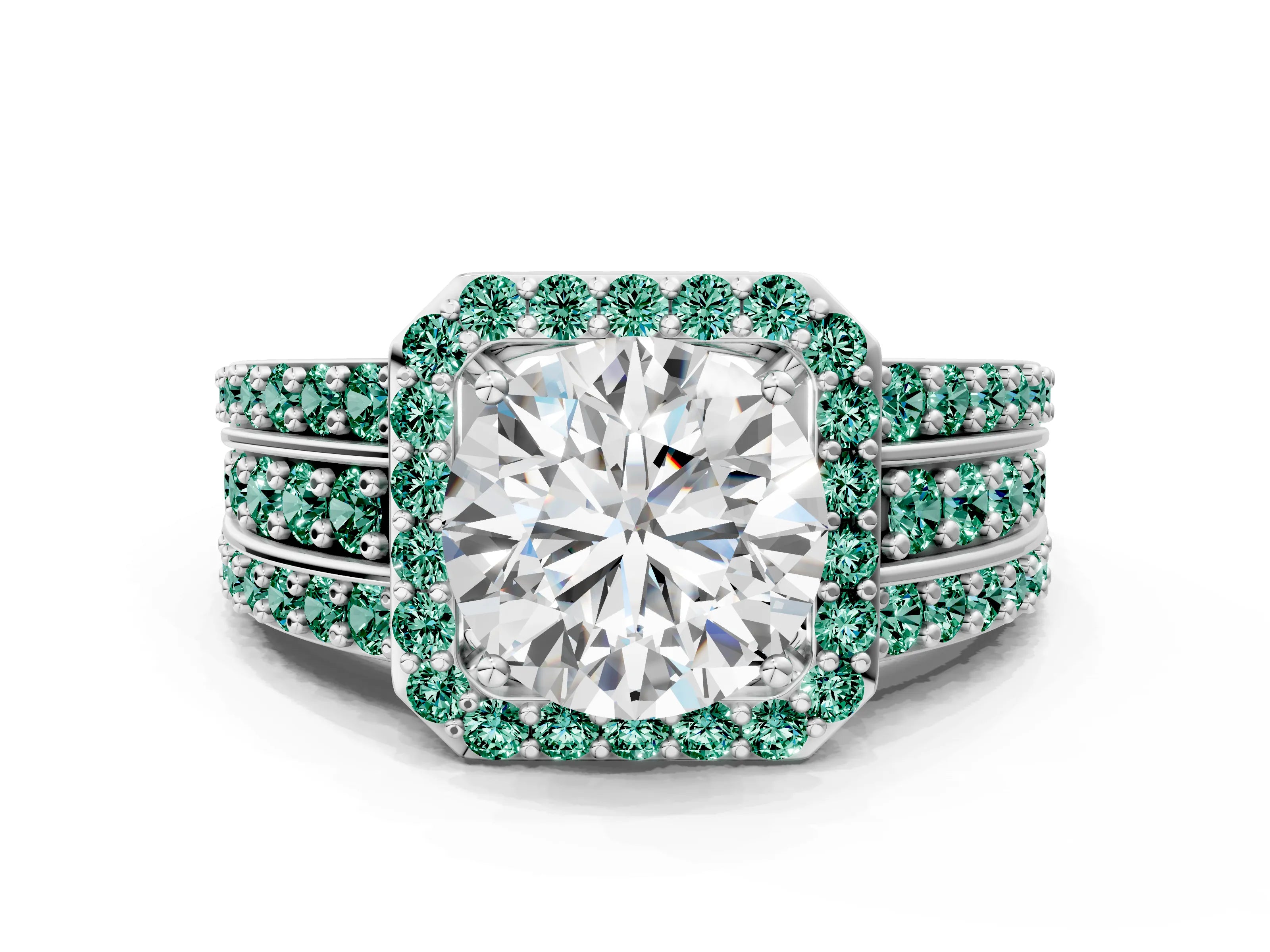 White gold Round Cut Halo Diamond Ring with Round with Green Sapphire side stone Split Shank and Prong Setting_20