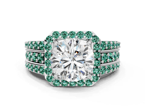 White gold Round Cut Halo Diamond Ring with Round with Green Sapphire side stone Split Shank and Prong Setting_20
