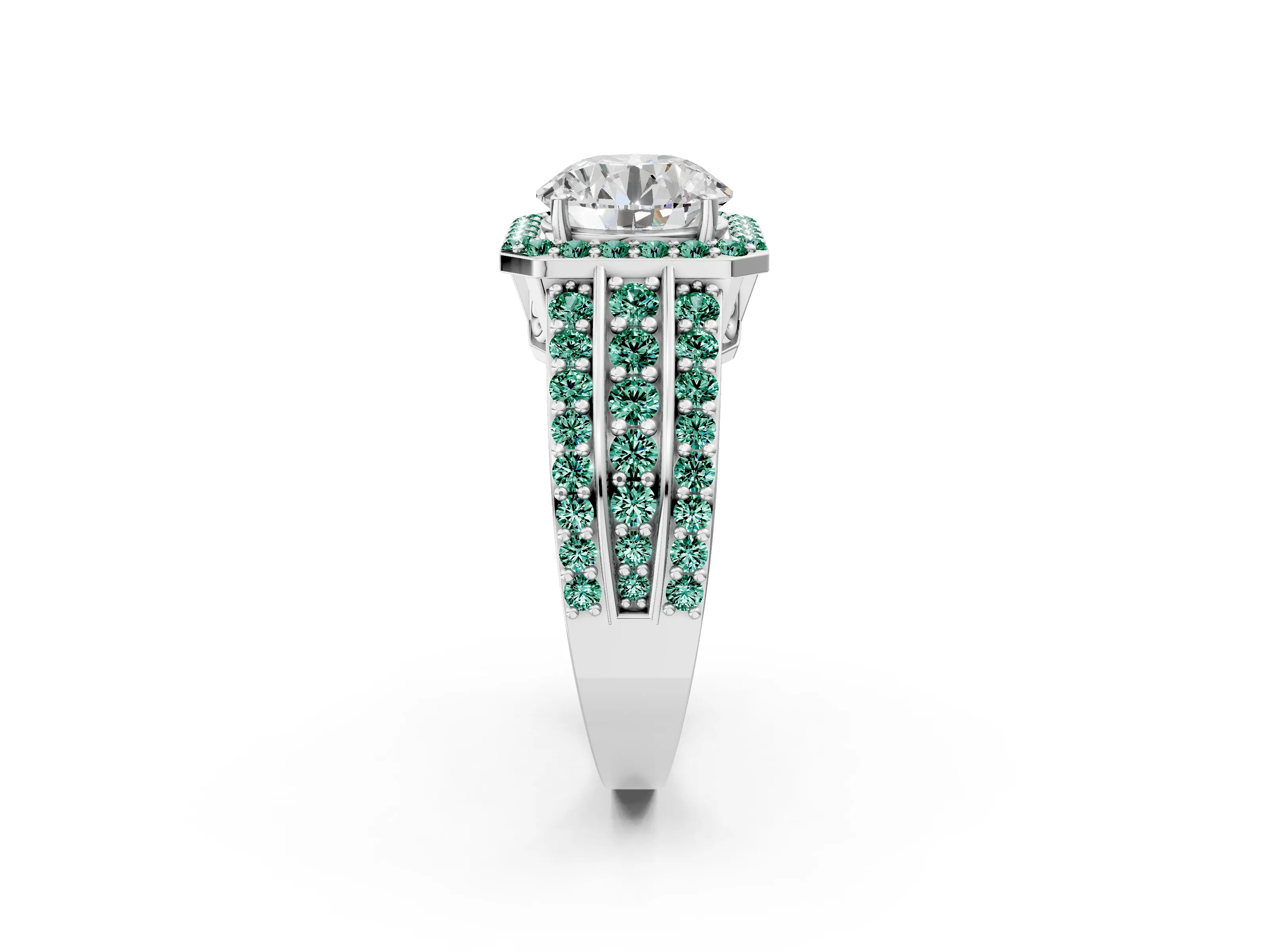 White gold Round Cut Halo Diamond Ring with Round with Green Sapphire side stone Split Shank and Prong Setting_22
