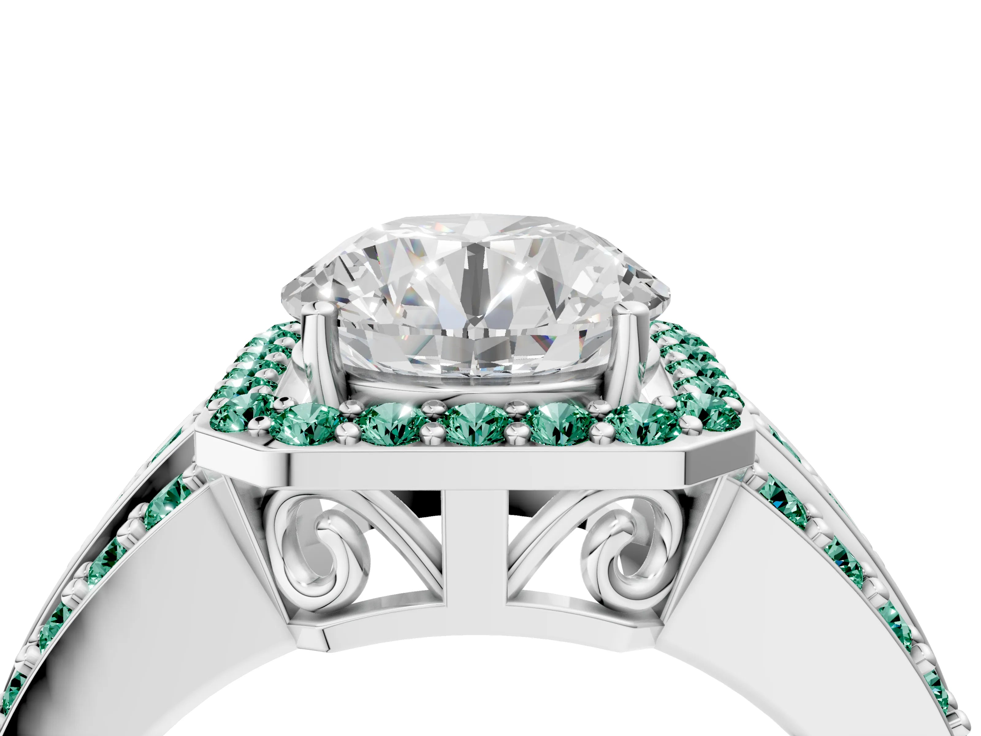 White gold Round Cut Halo Diamond Ring with Round with Green Sapphire side stone Split Shank and Prong Setting_24