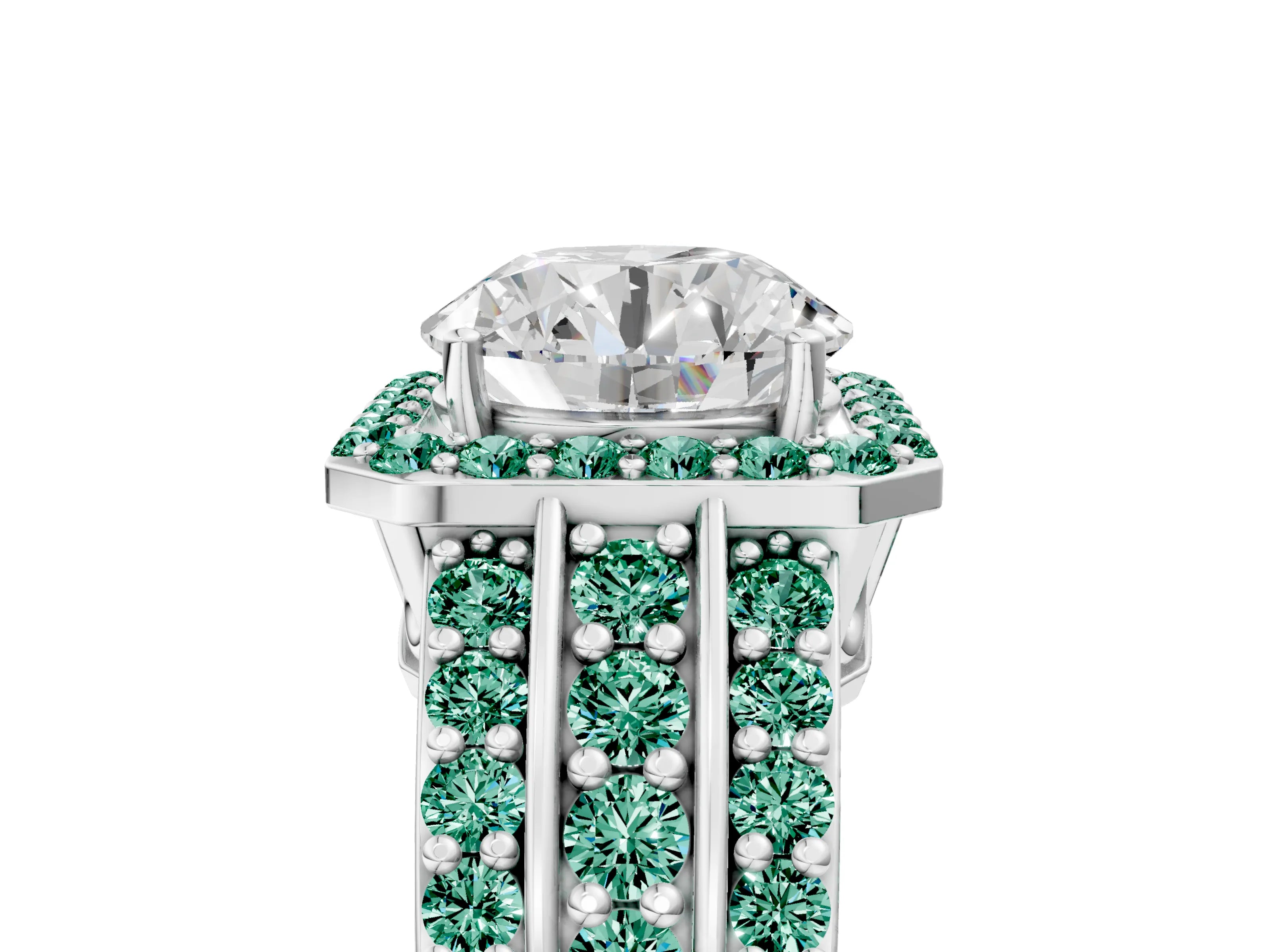 White gold Round Cut Halo Diamond Ring with Round with Green Sapphire side stone Split Shank and Prong Setting_25