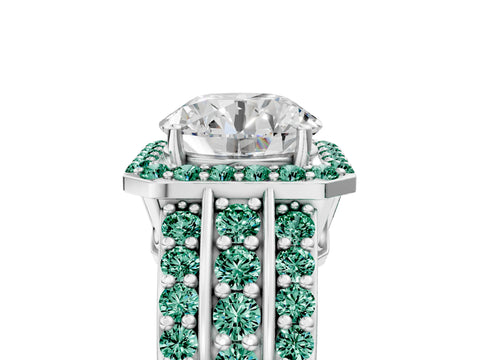 White gold Round Cut Halo Diamond Ring with Round with Green Sapphire side stone Split Shank and Prong Setting_25