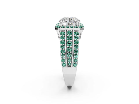 White gold Round Cut Halo Diamond Ring with Round with Green Sapphire side stone Split Shank and Prong Setting_26