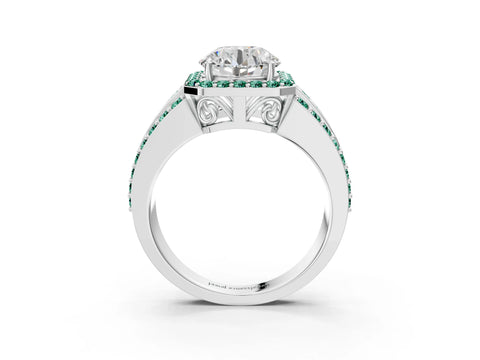 White gold Round Cut Halo Diamond Ring with Round with Green Sapphire side stone Split Shank and Prong Setting_27