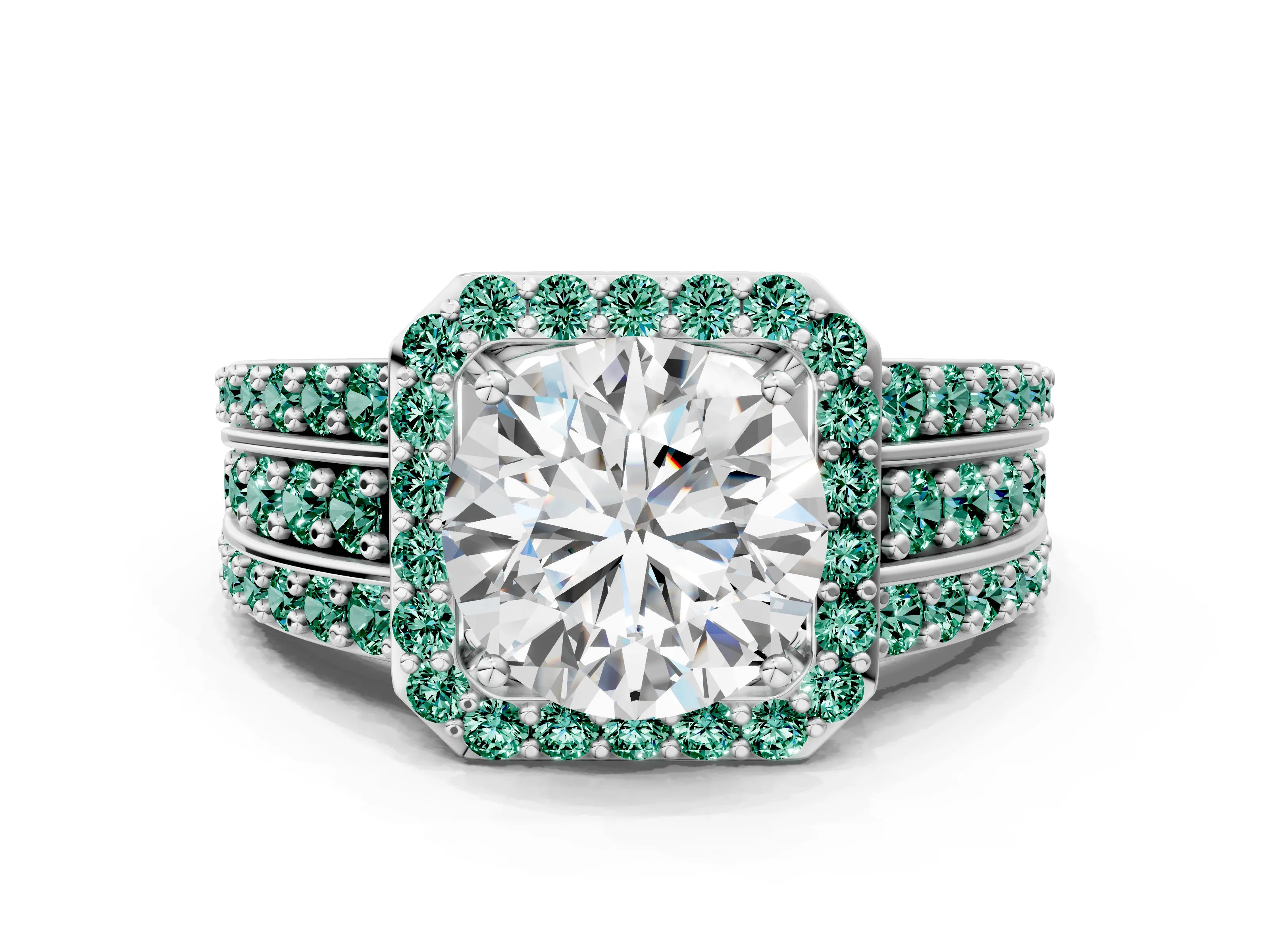 White gold Round Cut Halo Diamond Ring with Round with Green Sapphire side stone Split Shank and Prong Setting_36