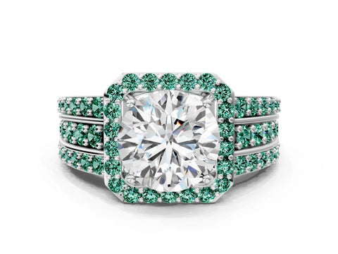 White gold Round Cut Halo Diamond Ring with Round with Green Sapphire side stone Split Shank and Prong Setting_36