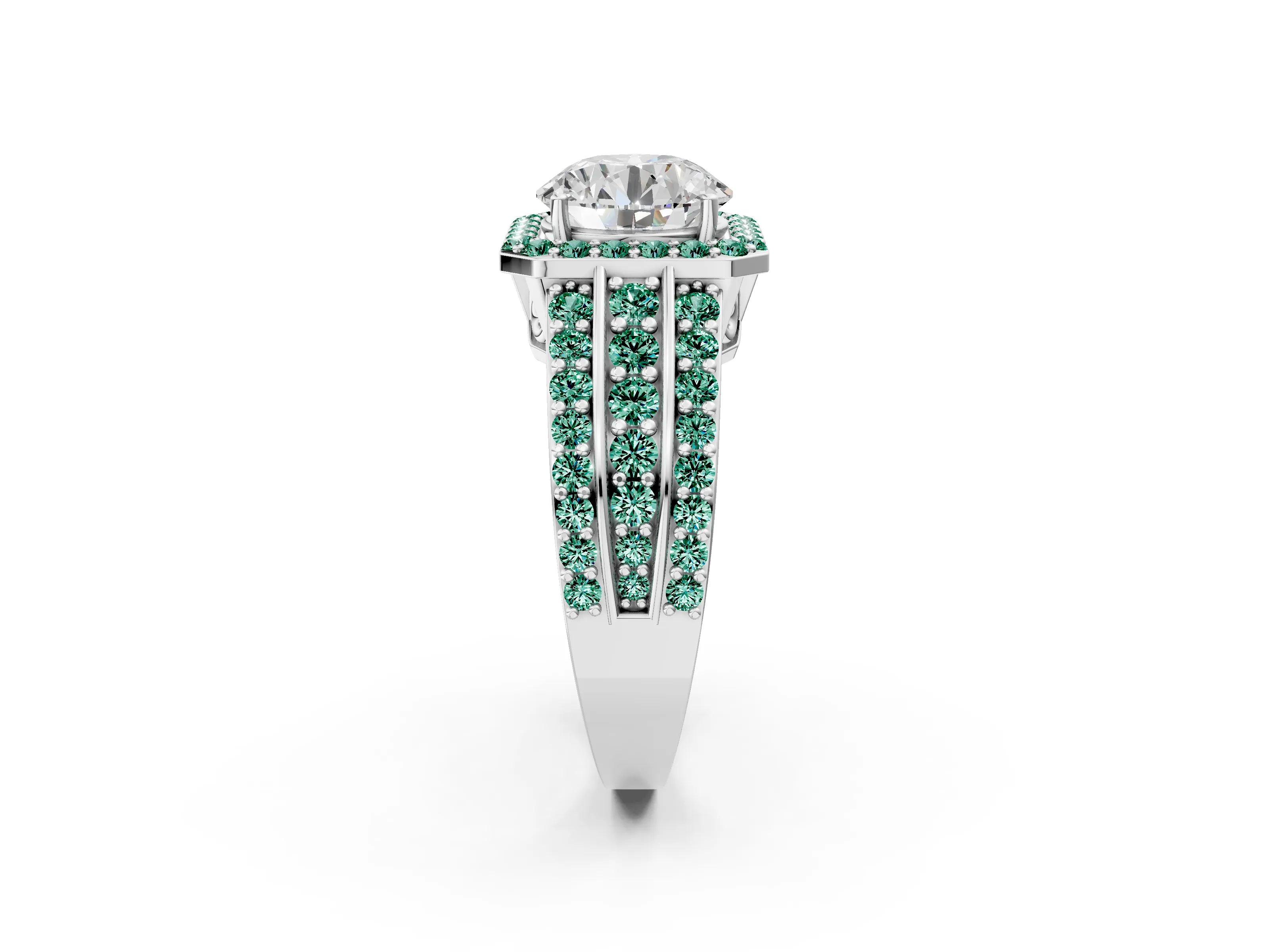 White gold Round Cut Halo Diamond Ring with Round with Green Sapphire side stone Split Shank and Prong Setting_38