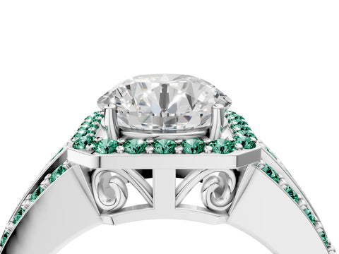 White gold Round Cut Halo Diamond Ring with Round with Green Sapphire side stone Split Shank and Prong Setting_40