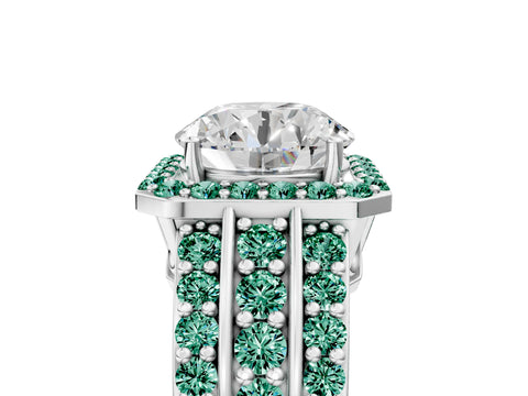 White gold Round Cut Halo Diamond Ring with Round with Green Sapphire side stone Split Shank and Prong Setting_41
