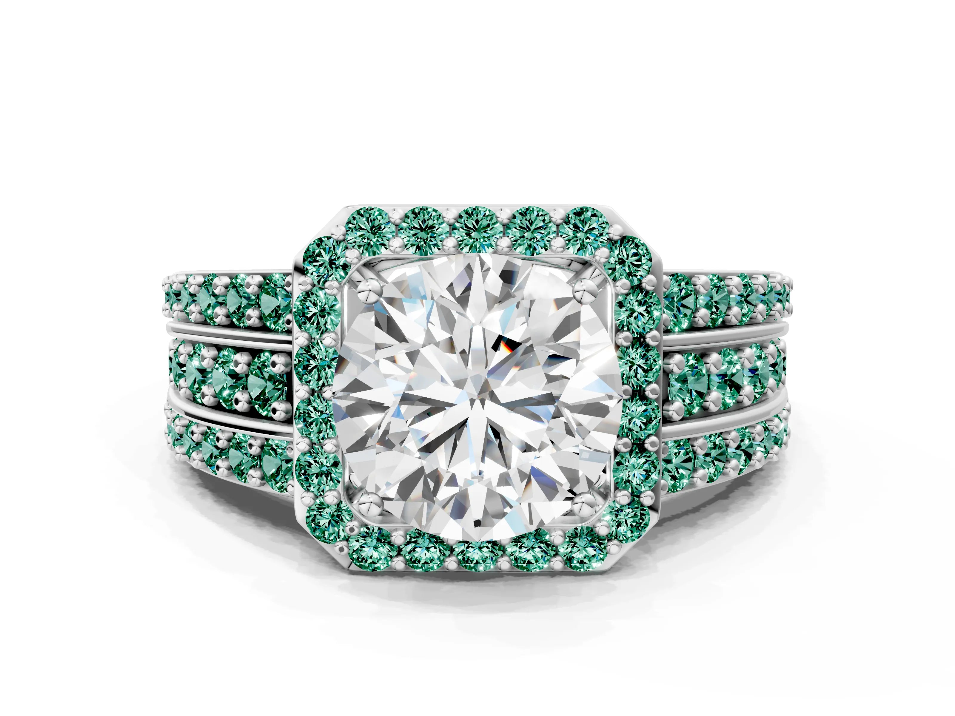 White gold Round Cut Halo Diamond Ring with Round with Green Sapphire side stone Split Shank and Prong Setting_60