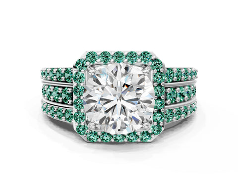 White gold Round Cut Halo Diamond Ring with Round with Green Sapphire side stone Split Shank and Prong Setting_60