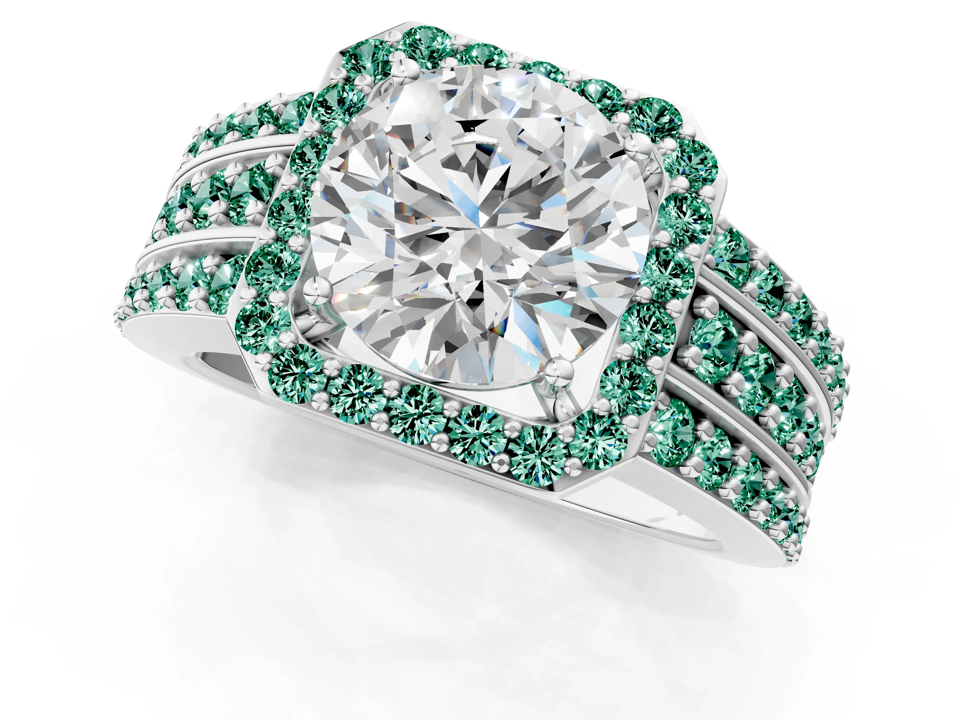 White gold Round Cut Halo Diamond Ring with Round with Green Sapphire side stone Split Shank and Prong Setting_61