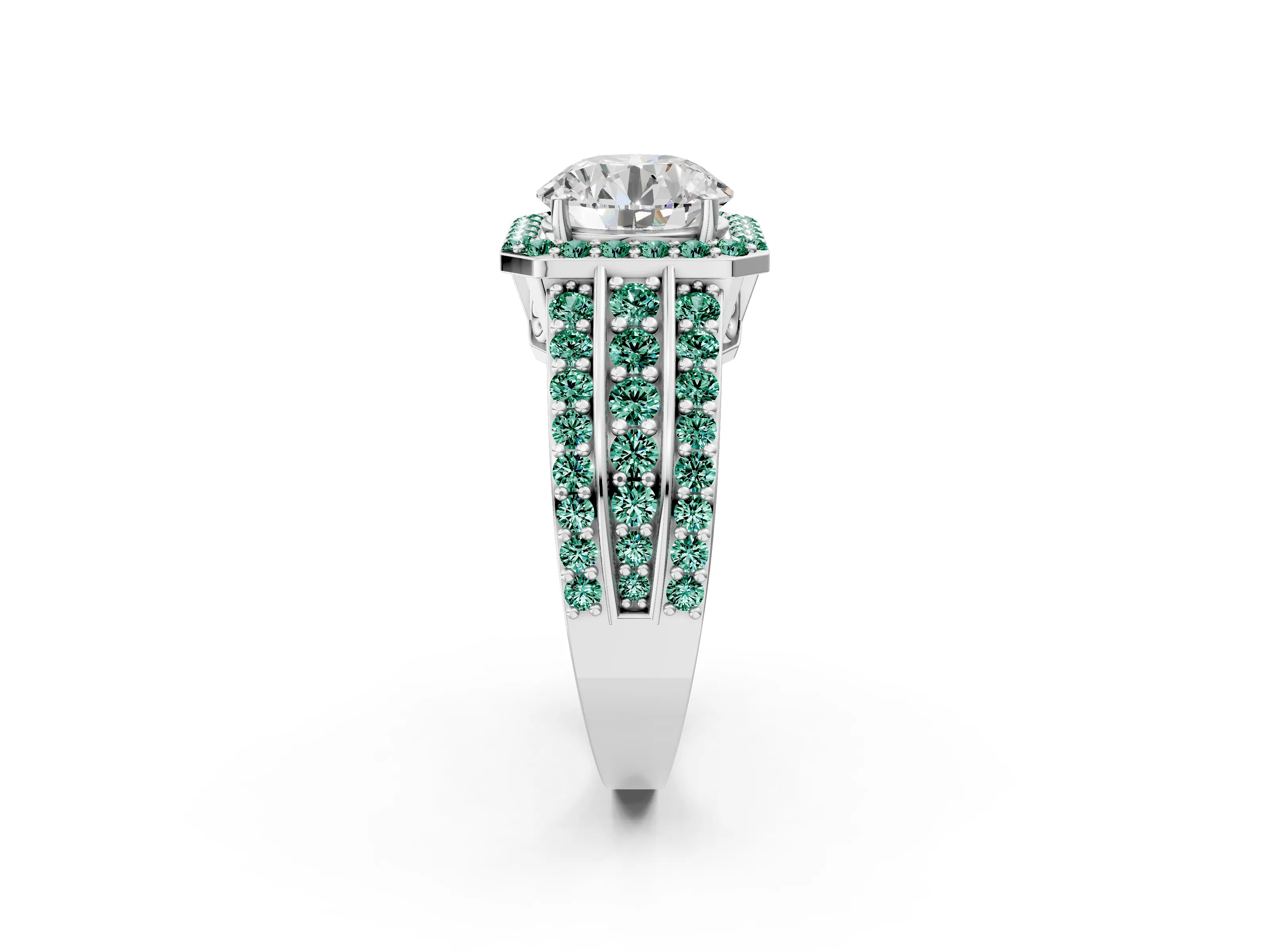White gold Round Cut Halo Diamond Ring with Round with Green Sapphire side stone Split Shank and Prong Setting_62