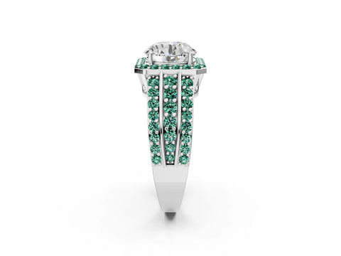 White gold Round Cut Halo Diamond Ring with Round with Green Sapphire side stone Split Shank and Prong Setting_62