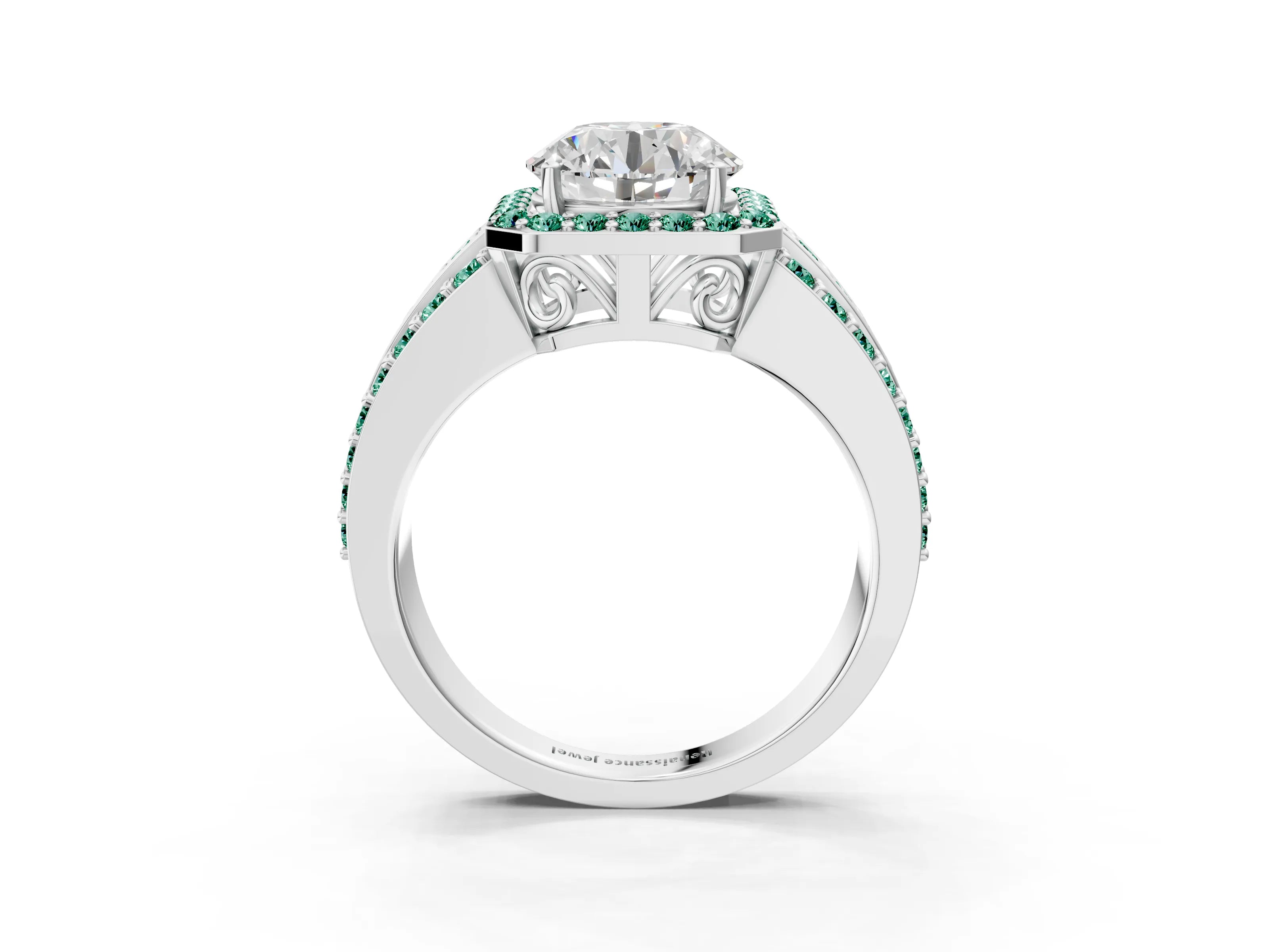 White gold Round Cut Halo Diamond Ring with Round with Green Sapphire side stone Split Shank and Prong Setting_63