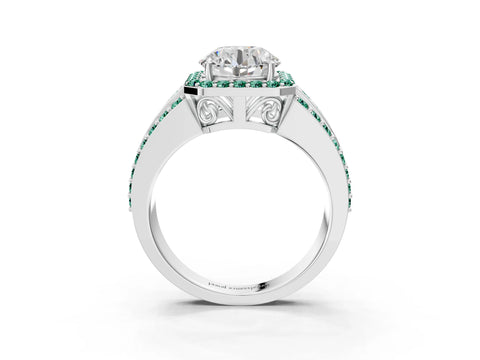 White gold Round Cut Halo Diamond Ring with Round with Green Sapphire side stone Split Shank and Prong Setting_63