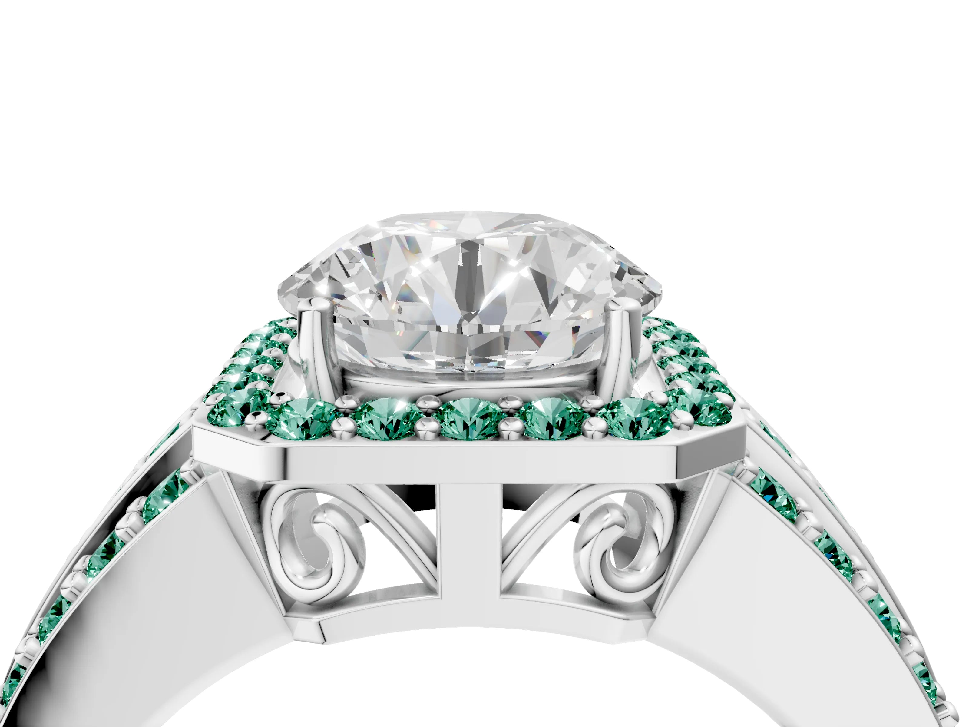 White gold Round Cut Halo Diamond Ring with Round with Green Sapphire side stone Split Shank and Prong Setting_64