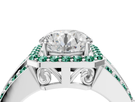 White gold Round Cut Halo Diamond Ring with Round with Green Sapphire side stone Split Shank and Prong Setting_64