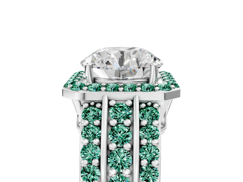 White gold Round Cut Halo Diamond Ring with Round with Green Sapphire side stone Split Shank and Prong Setting_65