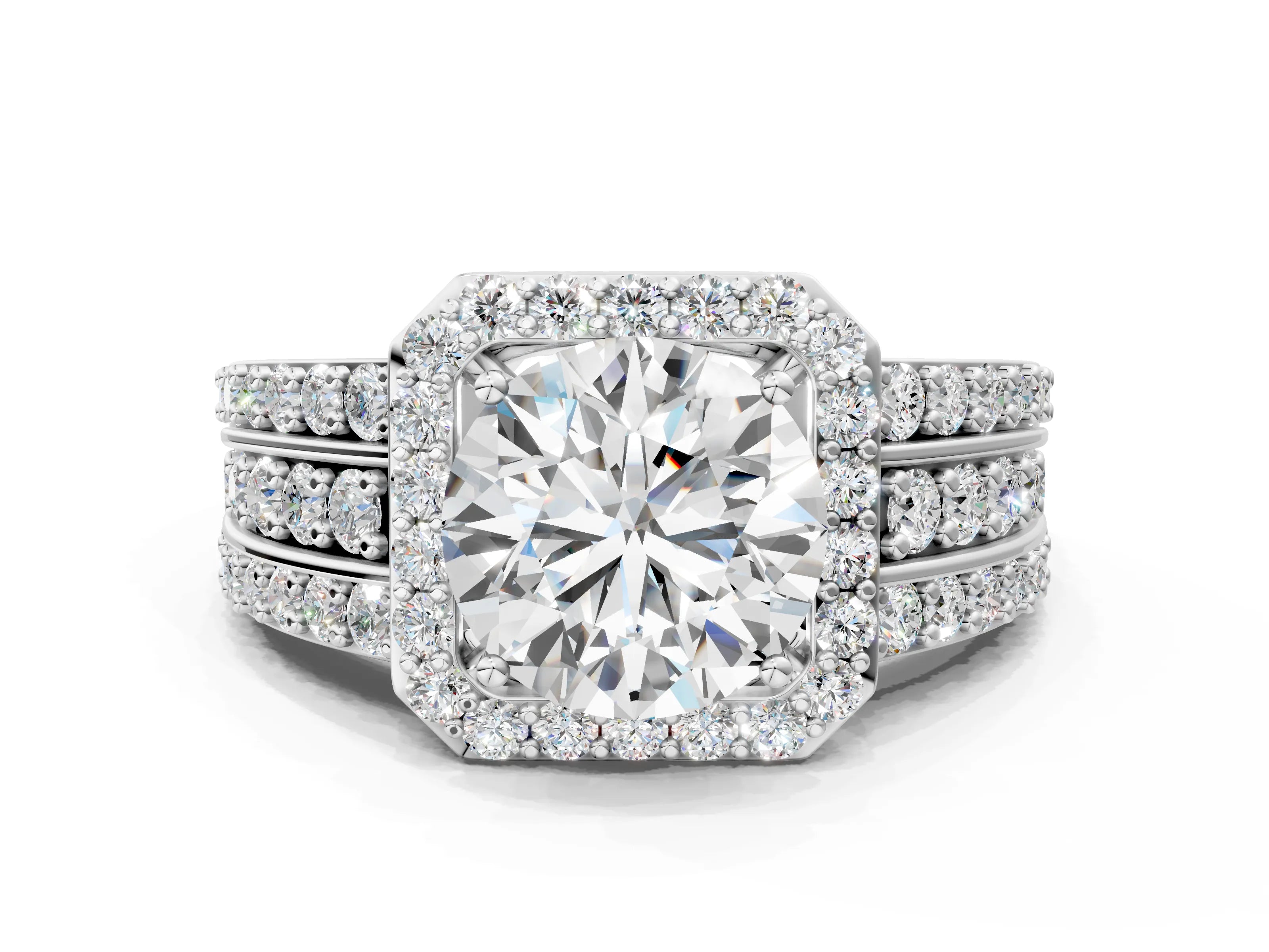 White gold Round Cut Halo Diamond Ring with Round with Moissanite side stone Split Shank and Prong Setting